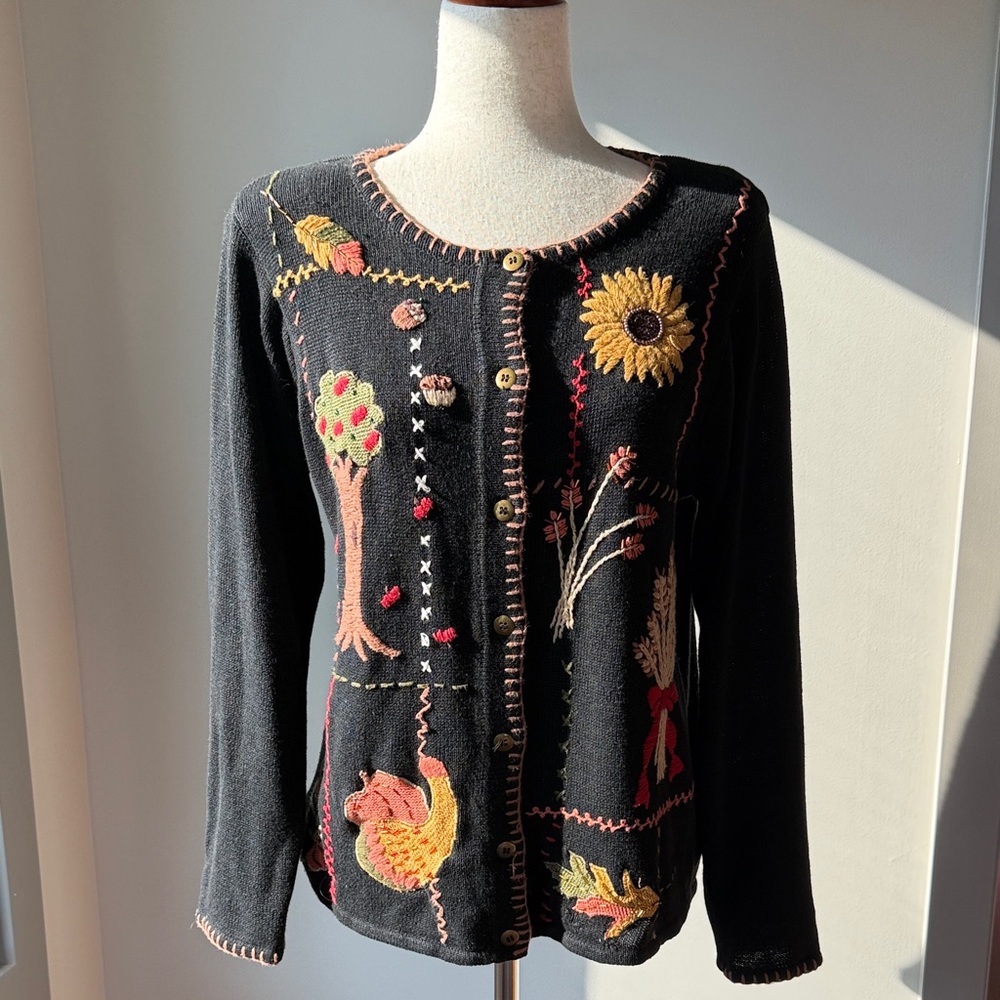 Embroidered Black Cardigan Sweater